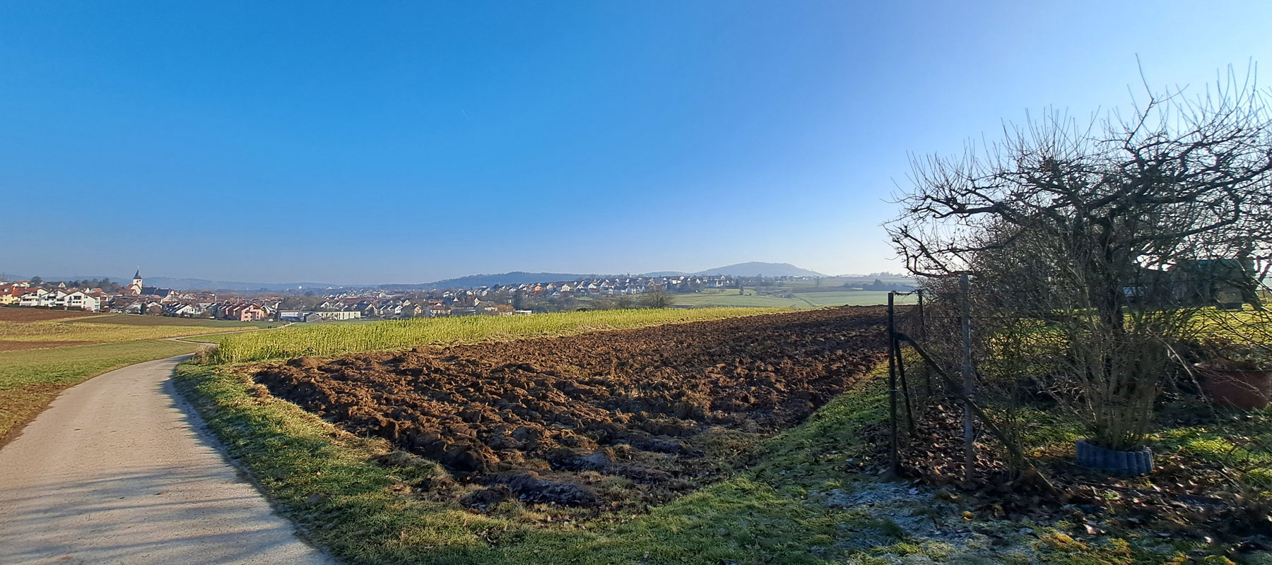 Landschaftsaufnahme mit Feldweg, Ackerland und Blick auf die Ortschaft mit Kirche unter klarem blauen Himmel.